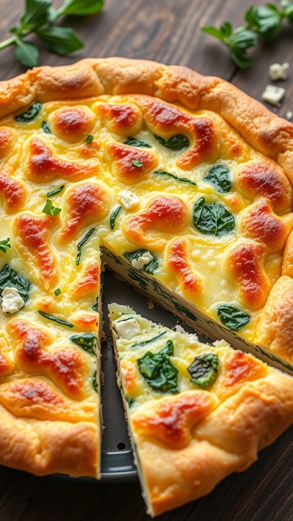 Goat Cheese Quiche Recipe A golden brown goat cheese quiche with spinach, served on a wooden table, garnished with herbs.